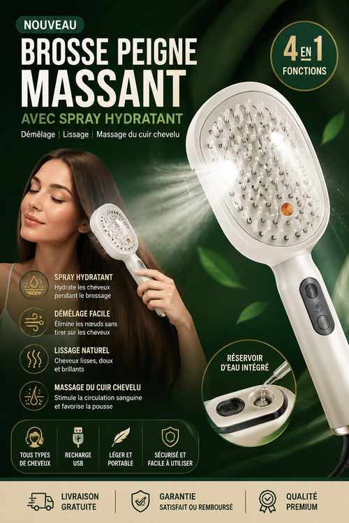 Brosse Peigne Massant Électrique avec Spray Hydratant – 4 en 1 fonctions