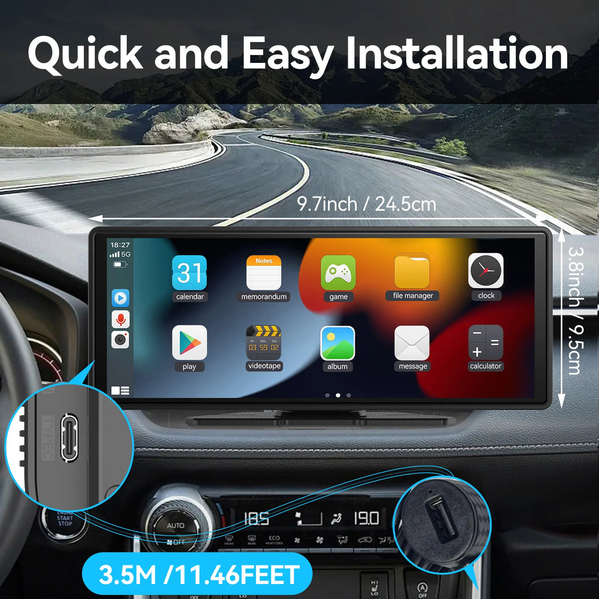 Écran CarPlay portable universel 10,26 pouces avec Android Auto