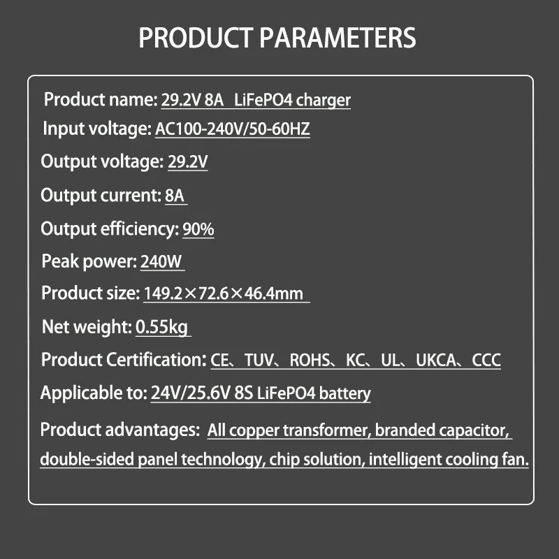 29.2V 8A 10A LiFePO4 Battery Charger For 8S 25.6V 24V LiFePO4 Battery Pack Fast Charger  Equipped with XT60 XT90 plug