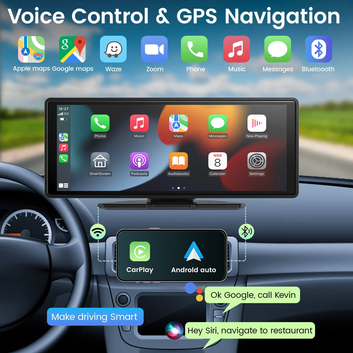 10.26" Car Mirror Radio Multimedia Video Player Universal Wireless Carplay AndroidAuto Screen With Bluetooth AUX USB