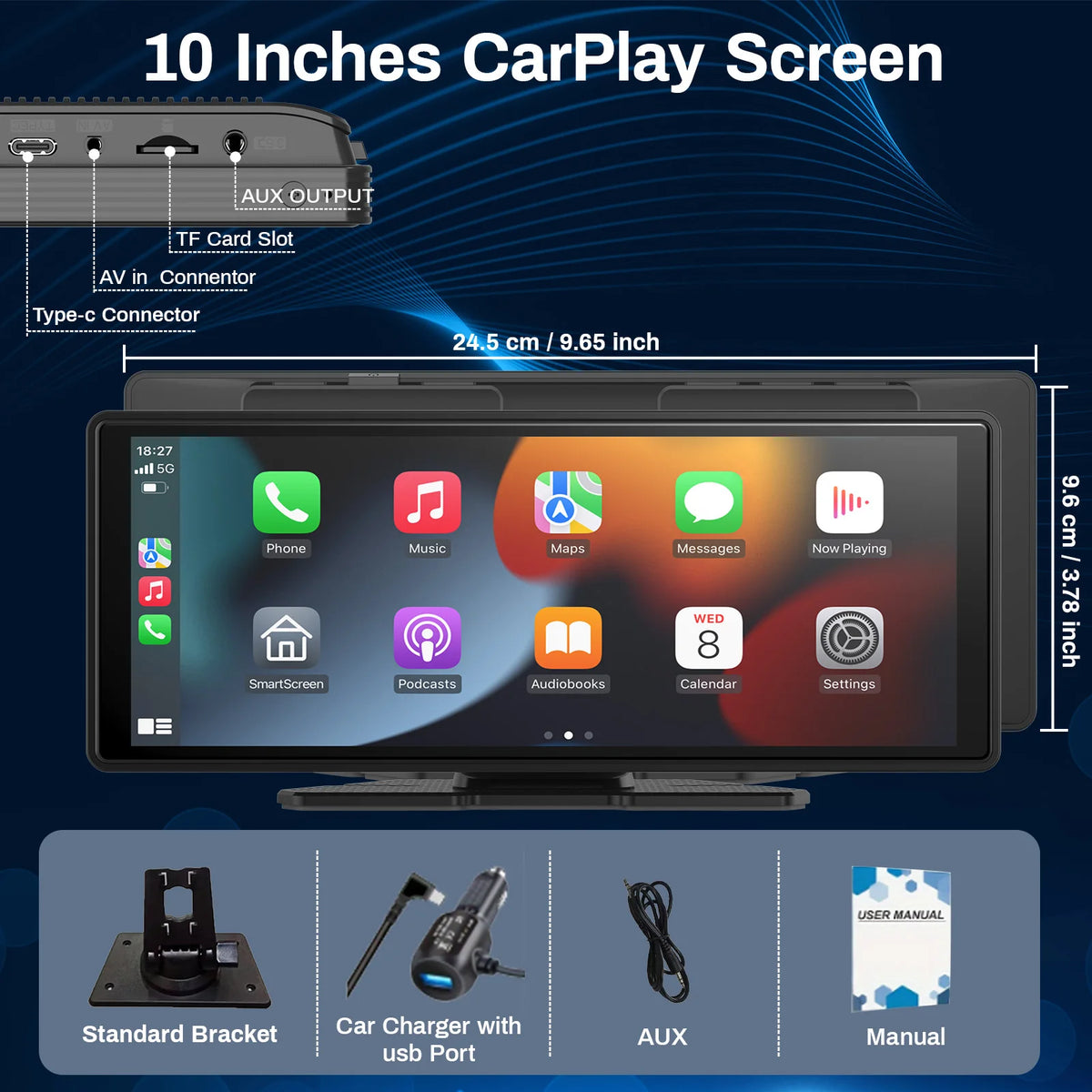 10.26" Car Mirror Radio Multimedia Video Player Universal Wireless Carplay AndroidAuto Screen With Bluetooth AUX USB