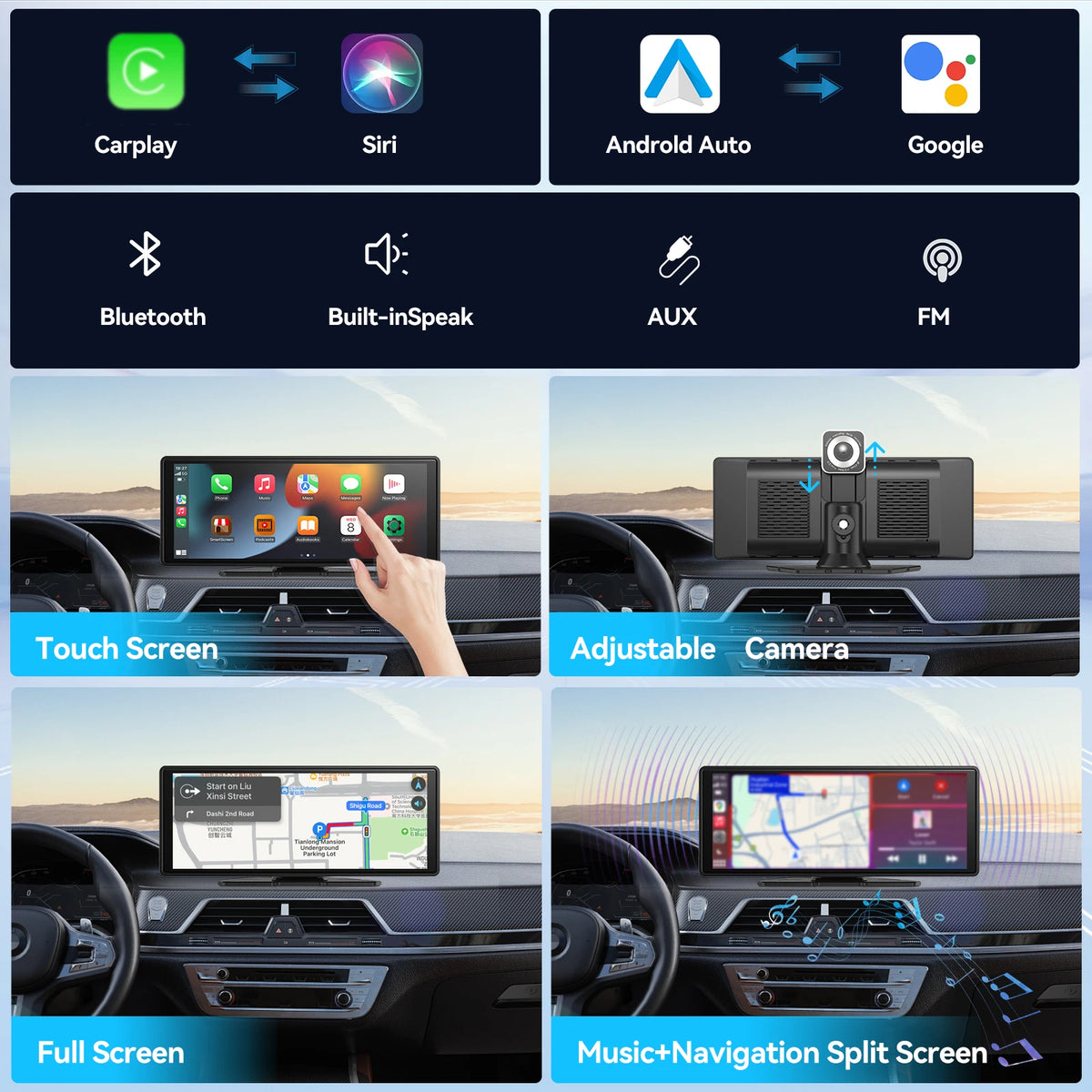 Écran CarPlay portable universel 10,26 pouces avec Android Auto