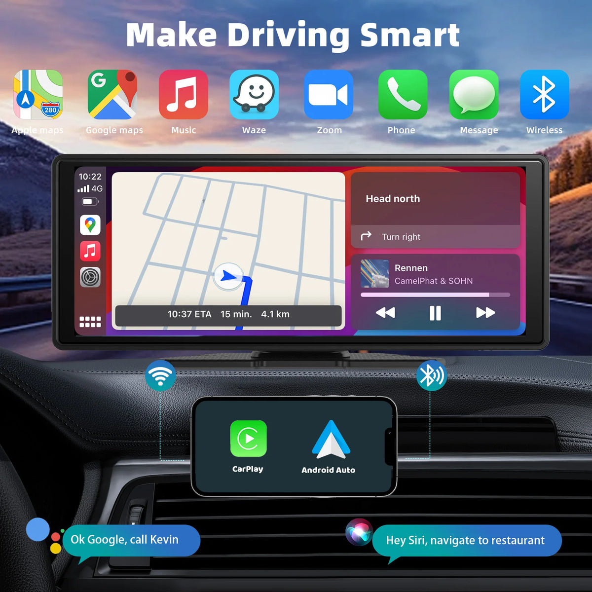 Écran CarPlay portable universel 10,26 pouces avec Android Auto