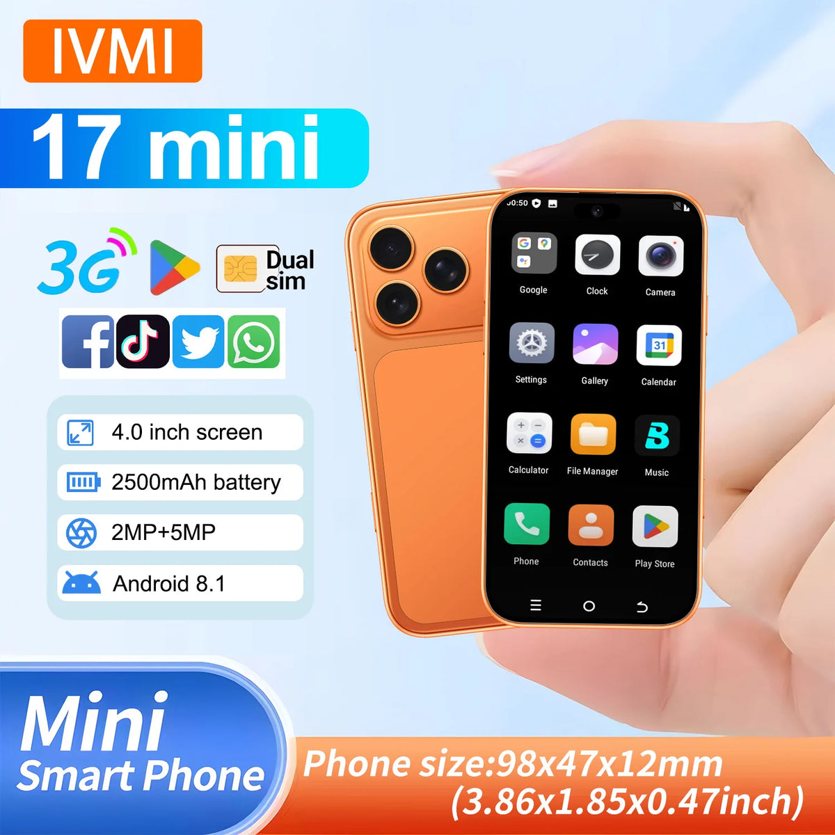 IVMI Global 17 – Mini Smartphone Android 3G | Double SIM | Écran 4.0" | Compact & Ultra-fin