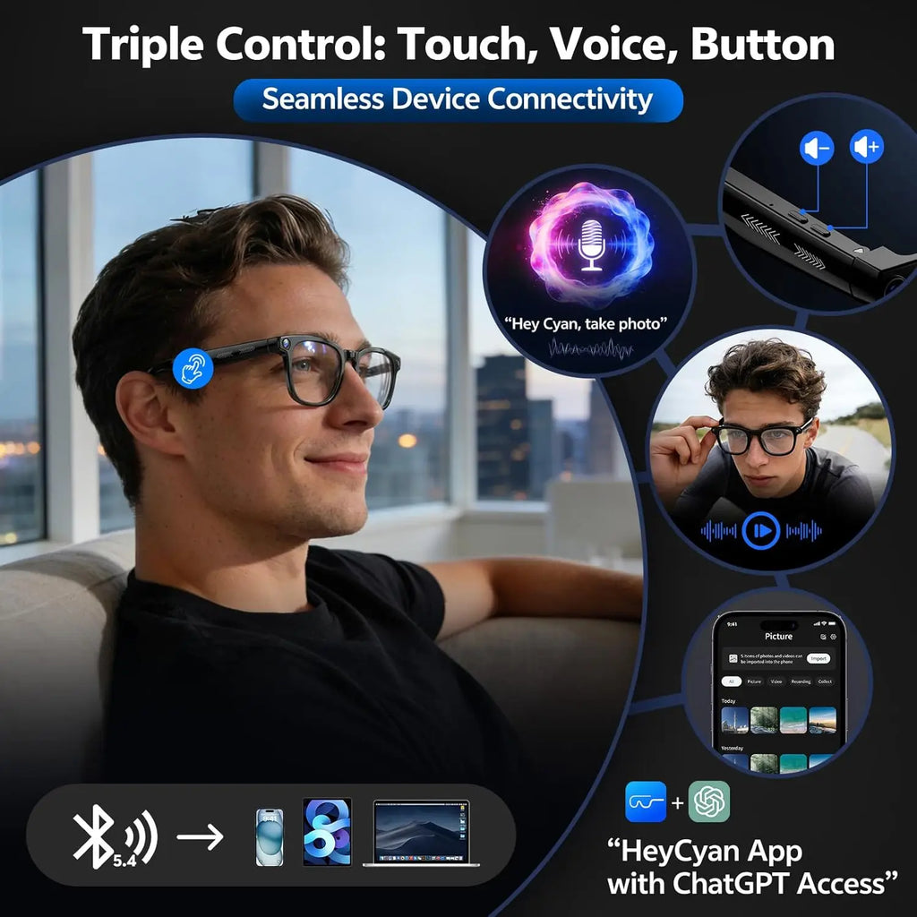 🕶️ Lunettes Connectées 4K IA – Caméra HD, Traduction, ChatGPT & Bluetooth