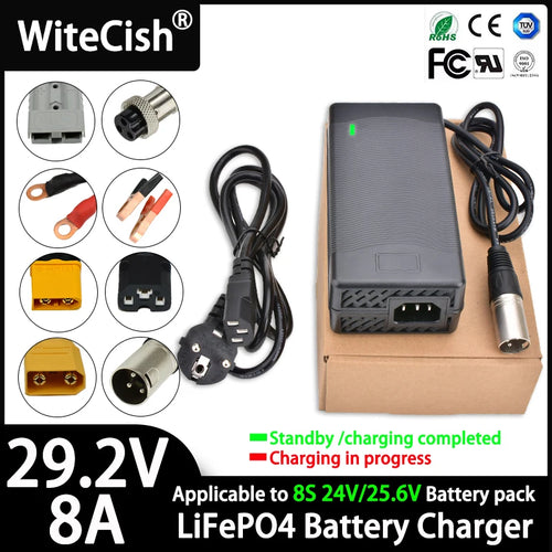 29.2V 8A 10A LiFePO4 Battery Charger For 8S 25.6V 24V LiFePO4 Battery Pack Fast Charger  Equipped with XT60 XT90 plug