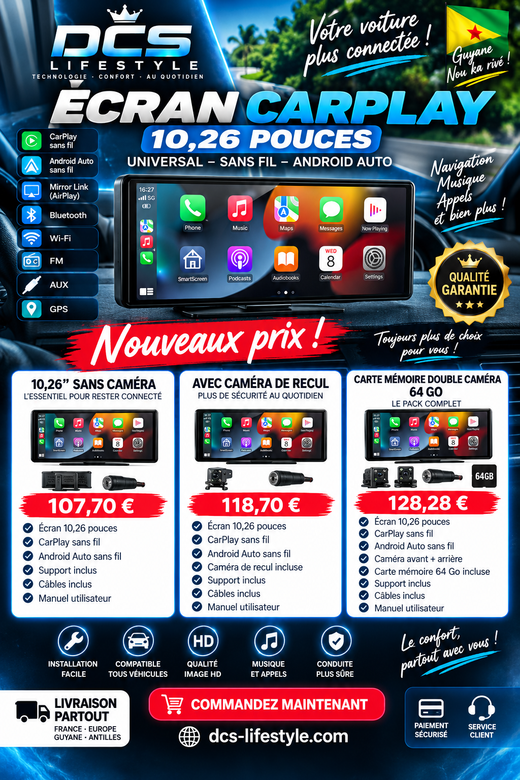 Écran CarPlay portable universel 10,26 pouces avec Android Auto