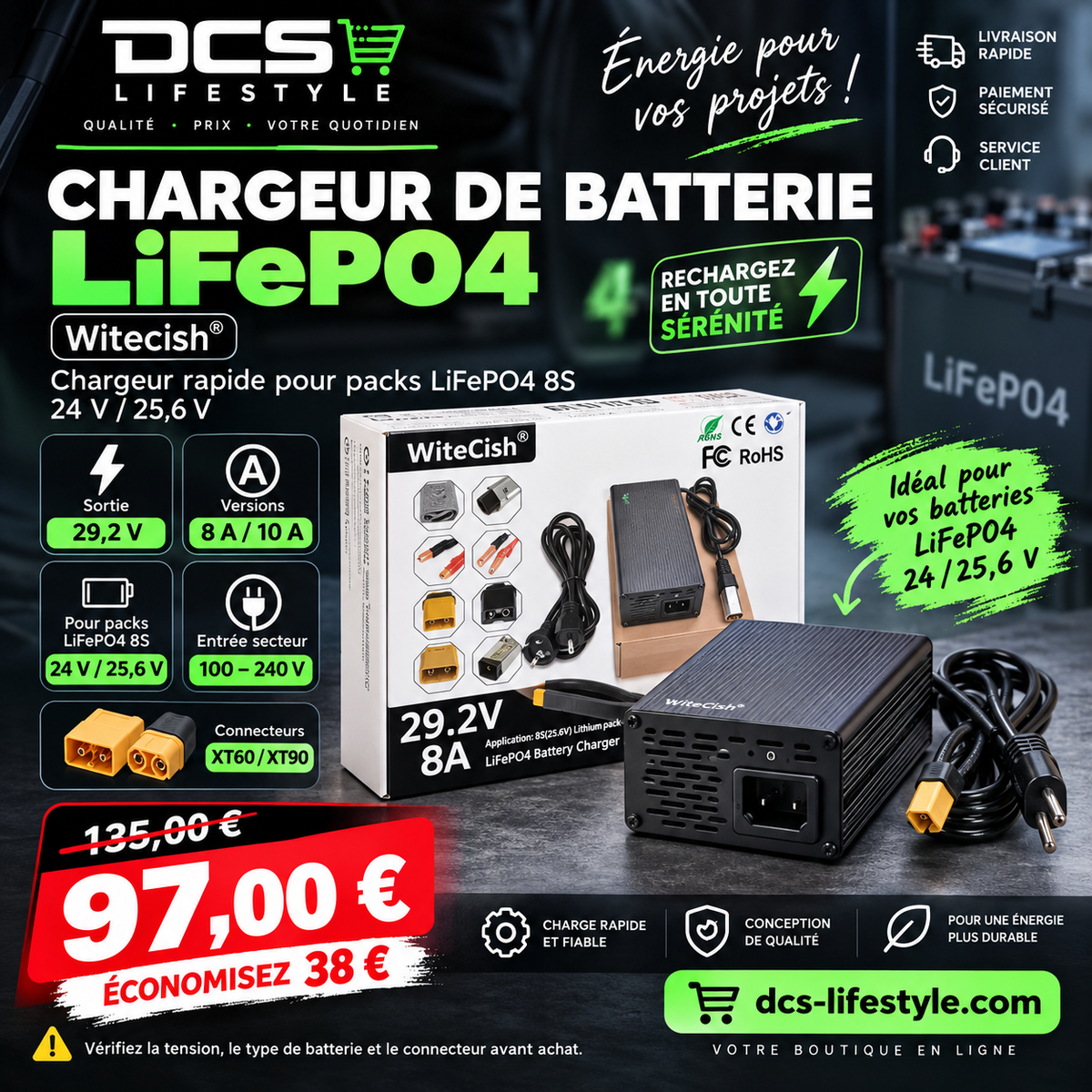29.2V 8A 10A LiFePO4 Battery Charger For 8S 25.6V 24V LiFePO4 Battery Pack Fast Charger  Equipped with XT60 XT90 plug