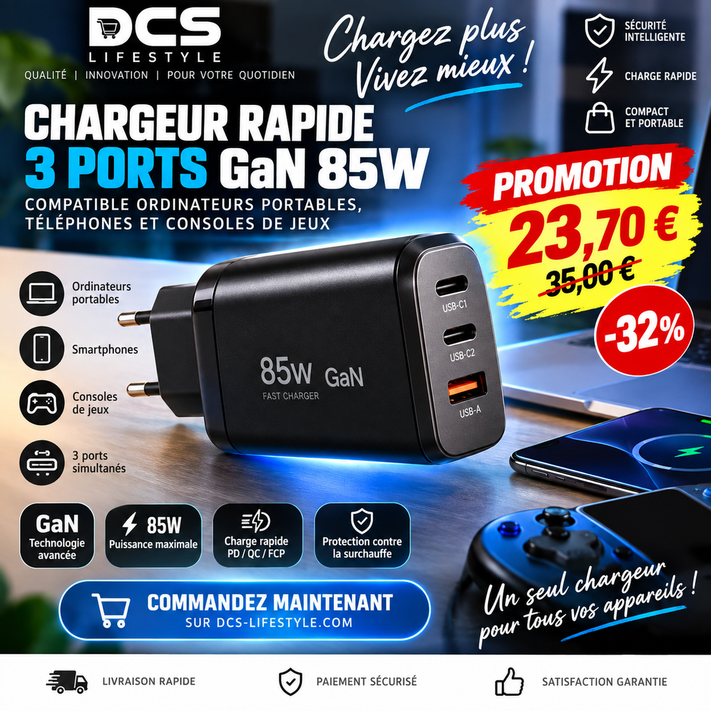 Chargeur Rapide 3 Ports GaN 85W – Compatible Ordinateurs Portables, Téléphones et Consoles de Jeux