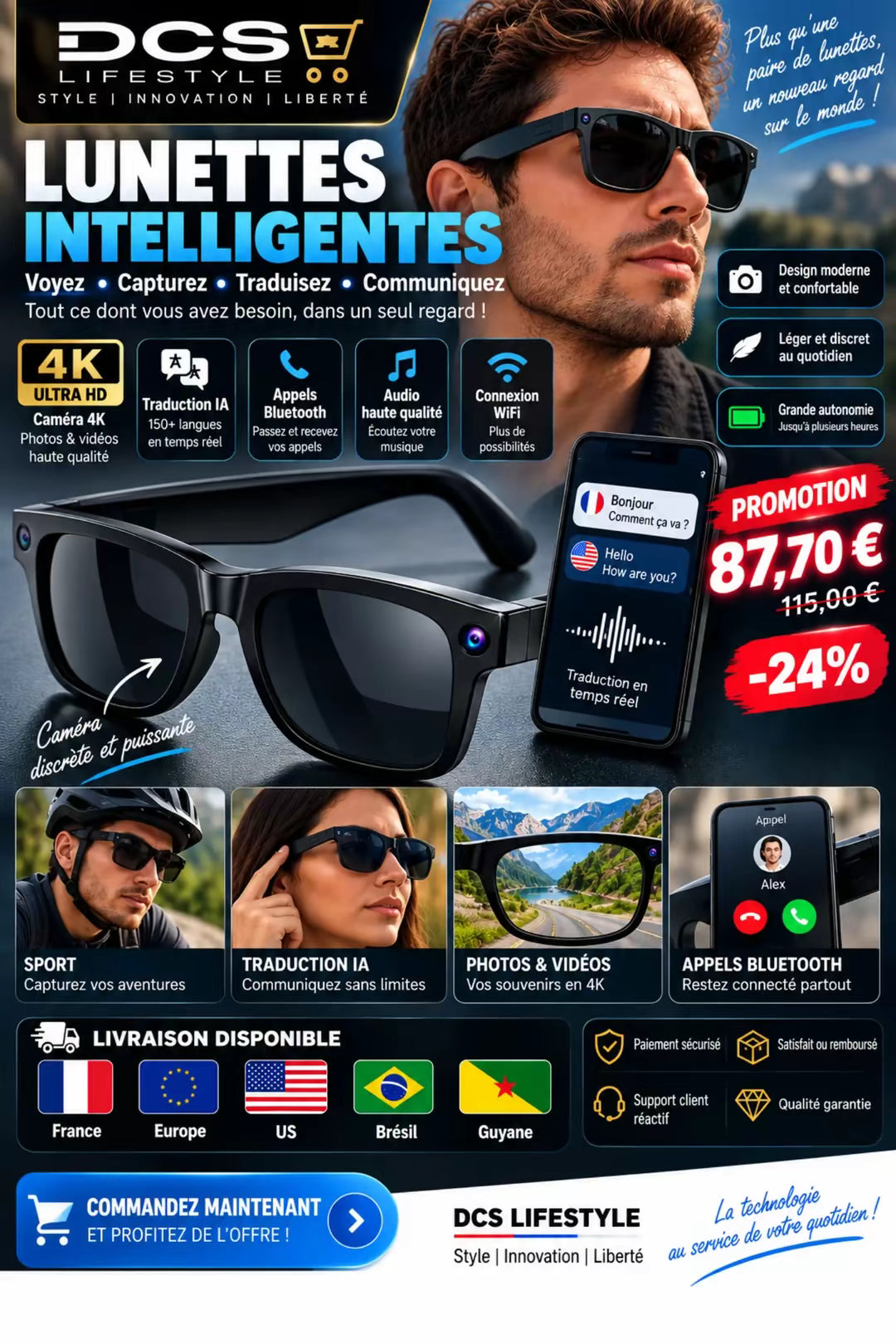 🕶️ Lunettes Connectées 4K IA – Caméra HD, Traduction, ChatGPT & Bluetooth