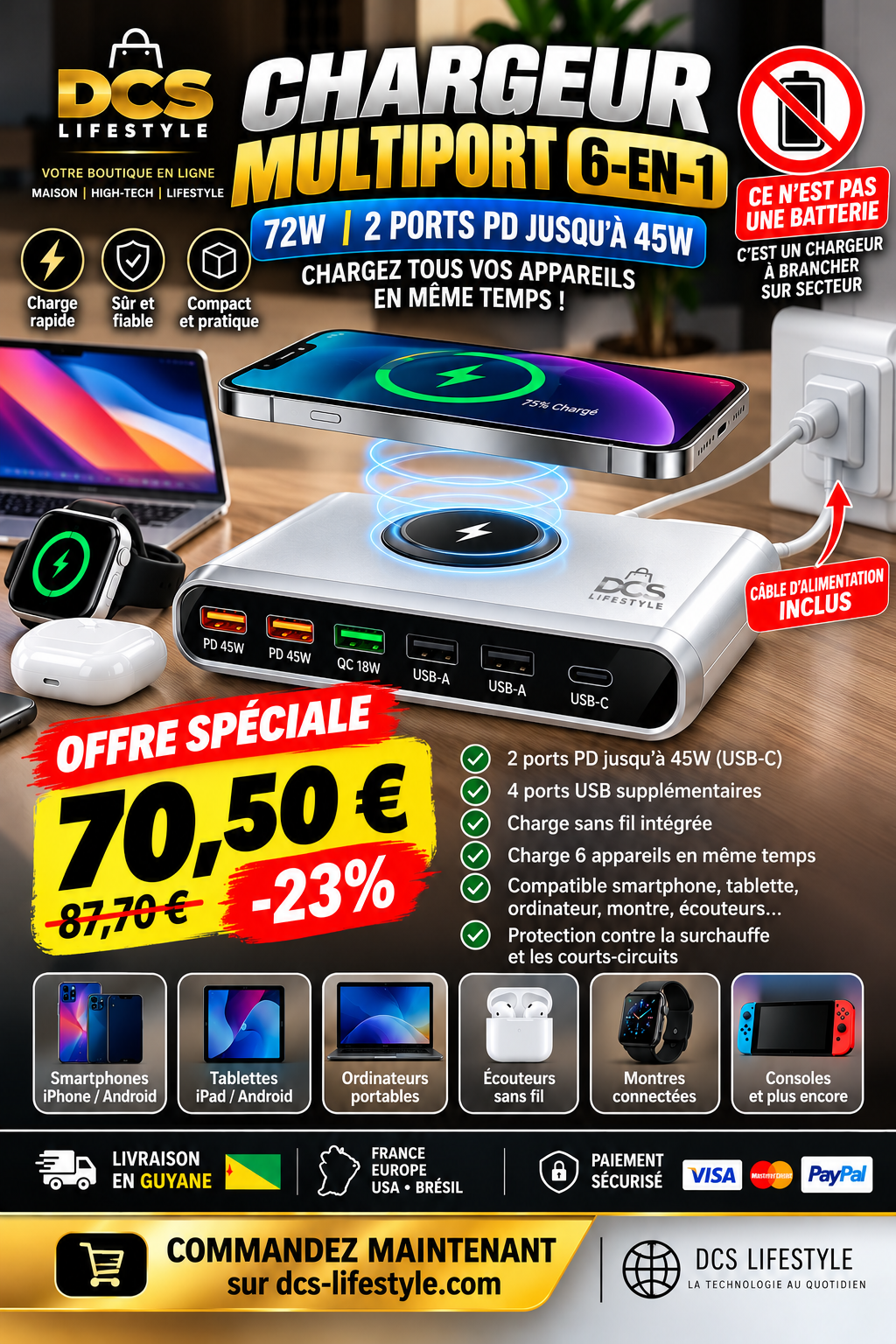 Chargeur Multiport 6-en-1 — 72W | 2 ports PD jusqu'à 45W